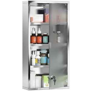 HOMCOM 4 Tier Stainless Steel Wall Mounted Medicine Cabinet Glass Lockable Door Storage Shelves Houseware Bathroom Furniture 60Hx30Wx12D(cm) w/2 Keys