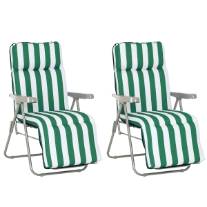 Outsunny Sedia Sdraio da Spiaggia da 2 Pezzi Pieghevole e Reclinabile, Lettini Prendisole da Giardino con Cuscino Imbottito, Verde e Bianco