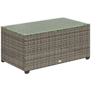 Outsunny Table basse de jardin, table d'appoint en résine tressée avec plateau en verre trempé, 90 x 50 x 38 cm, gris foncé