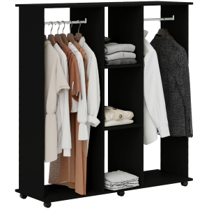HOMCOM Open Wardrobe Double Mobile Storage Shelves Organizer W/6 Wheels-Black