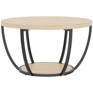 HOMCOM Mesa de Centro Redonda para Sala com Prateleira e Estrutura Metálica 80x80x43,8 cm Carvalho