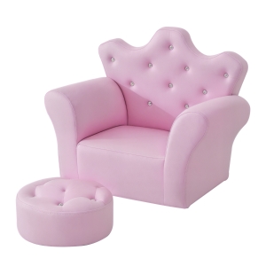 HOMCOM Ensemble Fauteuil et Pouf Enfant Design Couronne de Princesse - Dossier et Assise Pouf avec Boutons Strass Aspect Cristaux - Structure Bois revêtement synthétique PVC Rose