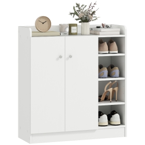 HOMCOM Meuble de rangement à chaussures pour entrée 12 paires - armoire à chaussures avec 4 compartiments ouverts et placard double porte - étagère réglable - 83L x 30l x 90H cm - blanc