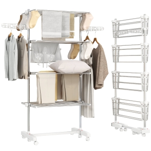 HOMCOM Étendoir à Linge 4 Niveaux, Sechoir a Linge avec 6 Roulettes, Pliable, Cadre en Acier Inoxydable et Ailes Latérales, pour Intérieur Extérieur, 142 x 55 x 172 cm, Blanc