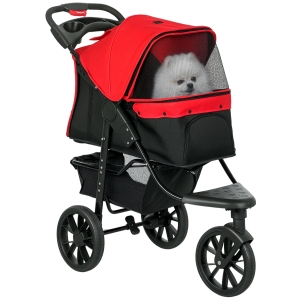 PawHut Dog Stroller Foldable Pet Pram for Small Miniature Breeds, Cats, 3 Wheels Dog Pushchair with Brake, Cupholder, Red