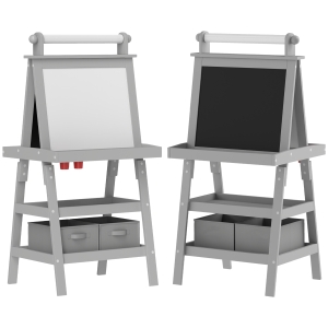 AIYAPLAY Caballete de Pintura para Niños 3 en 1 Pizarra de Doble Cara con Rollo de Papel y Cestas de Almacenamiento Gris