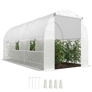 Outsunny Serre tunnel de jardin 9m², serre de jardin tunnel avec porte et 6 fenêtres, bâche PE 140 g/m² 445 x 200 x 200 cm blanc