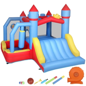 AIYAPLAY Castillo Hinchable para Niños con Soplador Tobogán Trampolín Piscina Pilar de Boxeo y Aro de Baloncesto 277x270x215 cm