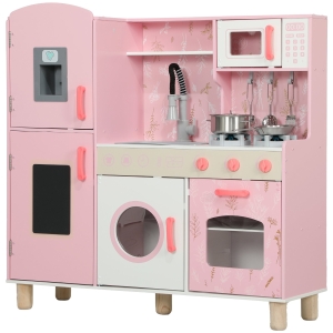 AIYAPLAY Cocina de Madera Infantil con Sonido Fogón Horno Grifo Fregadero Microondas Lavadora Máquina de Hielo Rosa