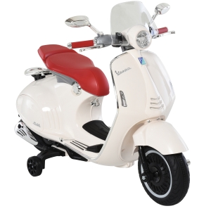 HOMCOM Motocicletă Electrică pentru Copii cu Licență Oficială Vespa, 2 Roți Ajutătoare, Lumină și Sunete, 108x49x75 cm, Albă