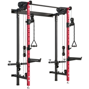 SPORTNOW Jaula de Potencia Plegable Rack para Sentadillas con Barra de Dominadas Sistema de Poleas Carga 700 kg Rojo