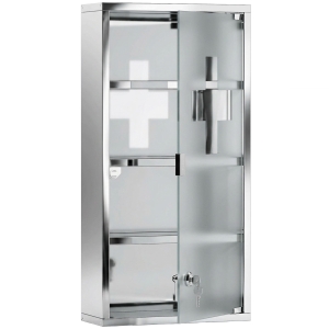 HOMCOM Armoire à Pharmacie 3 étagères 4 Niveaux 30L x 12l x 60H cm Porte Verre trempé Symbole Croix Acier Inoxydable brossé