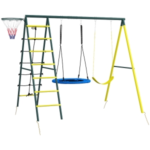 Outsunny Columpio Infantil 4 en 1 con Columpio Nido e Individual Red para Escalar Canasta de Baloncesto Escalera Amarillo