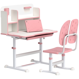 AIYAPLAY Height Adjustable Kids Desk and Chair Set, Children School Study Desk with Tiltable Desktop, Reading Rack,  Pink
