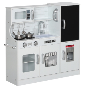 AIYAPLAY Kinderkeuken - Speelkeuken met Telefoon, Krijtbord, Magnetron, Fornuis, Spoelbak, Accessoires, IJsblokjesmachine, 3-8 Jaar, Wit