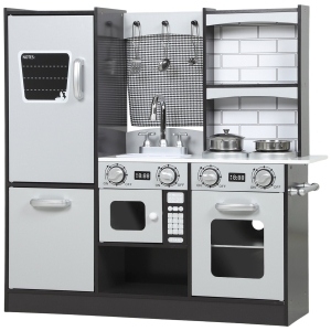 AIYAPLAY Cozinha de Madeira com Som Cozinha de Brincar Infantil com Acessórios em Aço Inoxidável Frigorífico Micro-Ondas, Lava-Loiça 81x27x79,7 cm Castanho Escuro