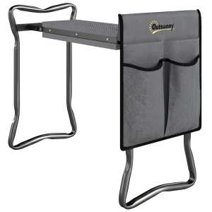 Outsunny Tabouret de Jardin Pliable 2 en 1, Coussin en Mousse EVA et 4 Poches à Outils Amovible, Charge 150kg, 58x28x49cm, Gris