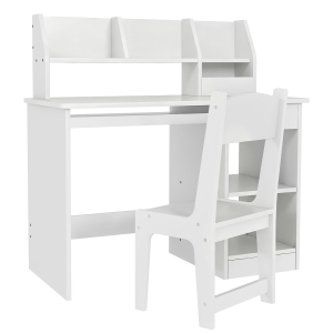 ZONEKIZ Conjunto de Secretária e Cadeira para Crianças com 2 Gavetas e Compartimento para Dormitório Sala de Estudo Branco