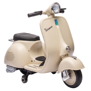 AIYAPLAY Mota Elétrica Infantil VESPA com Arranque Suave, Rodinhas, Luz, Música e USB - Branco