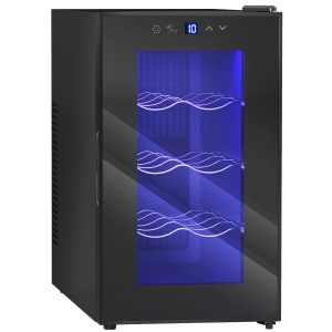 HOMCOM Mini Table Top Wine Fridge, 8 Bottle, 17L, 8-18℃, 26.5cm Quiet Under Counter Wine Cooler Fridge with Glass Door, LED Light, Digital Touch Screen, Temperature Control