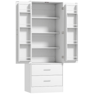HOMCOM Buffet haut cuisine, armoire de cuisine, 2 portes, 8 porte-épices, 2 tiroirs, étagères réglables, 60x40x159cm, blanc
