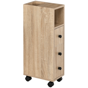 kleankin Mobiletto Bagno a 4 Ruote con Ripiano Aperto, Cassetto e Armadietto, in Legno, 18x30x68.5 cm, Color Rovere