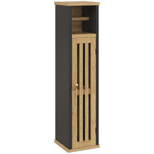 HOMCOM Mobiletto Bagno con Ripiano Aperto e Armadietto, in Bambù e MDF, 18x18x75 cm, Nero e color Legno