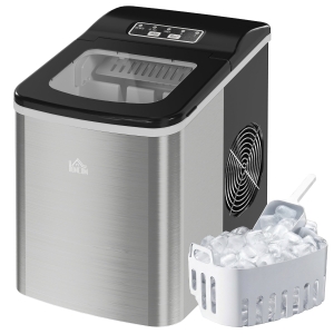 HOMCOM Ice Maker Machine Countertop, 9 Ice Cubes in 8 Mins, 12KG in 24Hrs, Self-Cleaning Portable Ice Cube Maker w/ Adjustable Ice Size, Ice Scoop, Basket, Stainless Steel, No Plumbing Required, Black