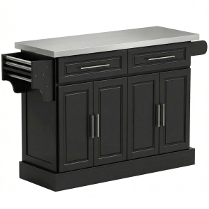 HOMCOM Isla de Cocina con Ruedas Tablero de Acero Inoxidable Cajones Estantes Ajustables Especiero Toallero 145x45x93 cm Negro