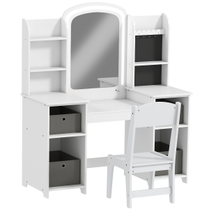AIYAPLAY Penteadeira Infantil com Espelho LED, Cadeira, Gavetas em Tecido, Ganchos para Joias e Prateleiras, 3-8 Anos, Branco