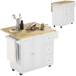 HOMCOM Desserte îlot de cuisineplateau rabattable 3 tiroirs 1 placard porte-torchons et porte-épices 111,5 x 75 x 89 cm blanc