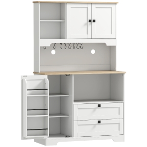 HOMCOM Buffet Haut Cuisine, Armoire Cuisine avec 3 Portes, 2 Tiroirs, Plan de Travail, Compartiments Ouverts, Blanc