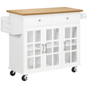 HOMCOM Carro de Cocina con Ruedas Isla de Cocina con 2 Cajones 3 Puertas de Vidrio Templado Toallero 124,5x39,5x90 cm Blanco