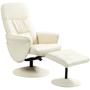 HOMCOM Poltrona Relax com Apoio para os Pés Estofada em PU  Reclinável até 145° e Giratório 360° com Encosto Ajustável 81x81x105cm Creme