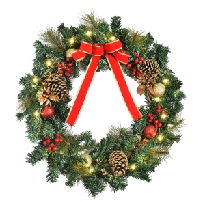 HOMCOM 60cm Pre-Lit Artificial Christmas Door Wreath Holly LED Decor Pine Cones Hanging Glittered Festival Indoor Decoration