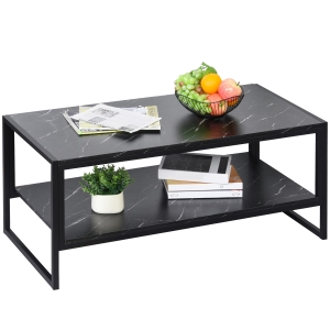 HOMCOM Tavolino da Caffè Nero, Tavolino Effetto Marmo con Ripiano Inferiore, da Soggiorno o Ufficio, Design Moderno, Telaio in Acciaio, 106x50x45cm, Nero