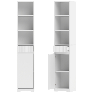 HOMCOM Armario de Baño Alto con Cajón Diseño Acanalado Estante Ajustable Estantes Abiertos para Espacios Pequeños Blanco