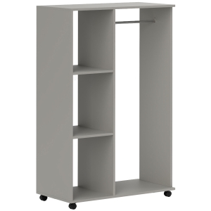 HOMCOM Open Wardrobe on Wheels, Bedroom Wardrobe with Clothes Hanging Rail, 3 Storage Shelves, Mobile Garment Rack for Cloakroom, Hallway, Grey