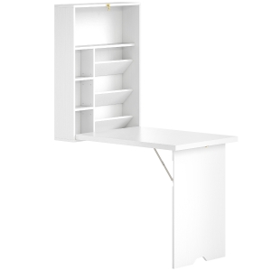 HOMCOM Bureau pliable mural, table murale pliante avec étagères pour salon, salle à manger, bureau, 93,8 x 60 x 147 cm, blanc