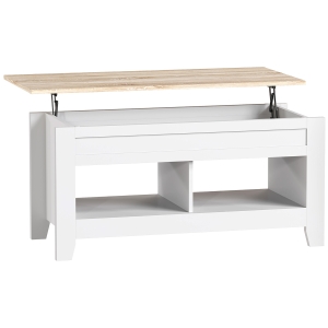 HOMCOM Mesa de Centro Elevable con Encimera Elevable y Espacio Oculto de Almacenaje 105x50x49 cm Blanco y Natural