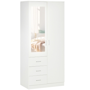 HOMCOM 2 Door 3 Drawer Mirrored Wardrobe with Hanging Rail, Modern Clothes Storage Cupboard with Mirror, Drawers and Adjustable Shelves for Bedroom, 80 x 50 x 180 cm, White