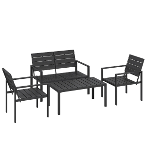 Outsunny Salon de Jardin Extérieur 4 Pièces, Canapé 2 Places, 2 Chaises, Table Basse, Mobilier de Jardin en HDPE Effet Bois Noir