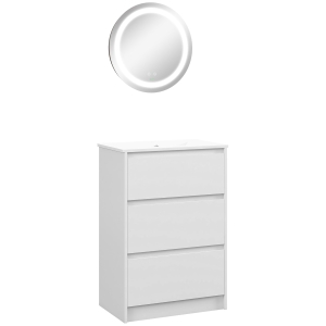 kleankin Móvel com Lavatório 61x37x88 cm e 1 Espelho com Luz LED Anti-Embaciamento Ø50x4,6 cm Branco Brilhante e Prata