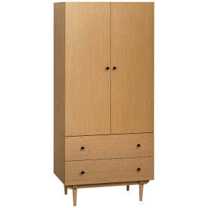 HOMCOM Wardrobe with 2 Doors, 2 Drawers, Hanging Rail for Bedroom Clothes Storage Organiser, 80x52x180cm, Natural Tone