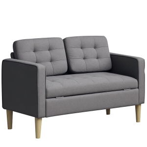 HOMCOM 2 Seater Storage Sofa, Fabric Couch with Hidden Under Seat Storage, Thick Cushions, Compact Space Saving Settee with Rubberwood Legs for Living Room, Apartment, Grey