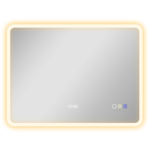 HOMCOM Espelho de Casa de Banho com Luz LED 80x60 cm Bluetooth 3 Cores de Luz Relógio Digital Função Antiembaciamento Função de Memória Prata