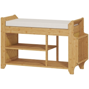 HOMCOM Banco Sapateira com Assento Acolchoado Arrumação Lateral Prateleira para Botas Estrutura de Bambu 80x30x50 cm Madeira e Bege