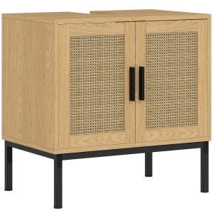 kleankin Badezimmerunterschrank, im Boho-Design, Badezimmerschrank, Rattan-Elemente, mit U-Ausschnitt, Eiche