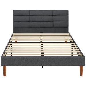 HOMCOM Cadre de Lit 140 x 200 cm avec Sommier Bois, Lit Double Rembourré en Effet Lin, Rangement au-dessous, Sans Bruit, Gris