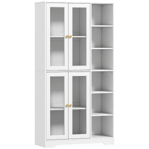 HOMCOM Buffet haut cuisine, vaisselier vitrine avec 4 portes à fermeture douce en verre trempé, 90x35x172cm, blanc